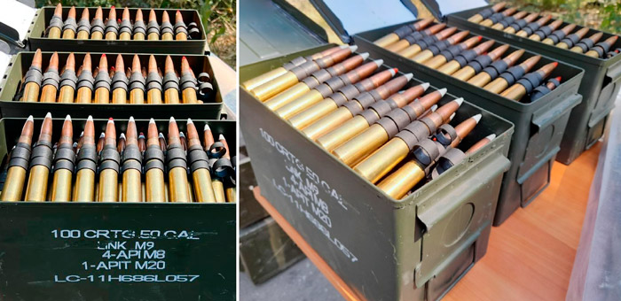 Трофейные боеприпасы .50 BMG в лентах для пулемётов Browning M2. Бронебойно-зажигательные, перемежающиеся трассерами