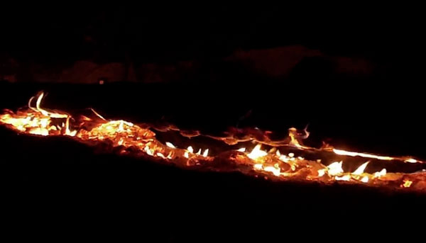 Нодья из одного бревна горит в ночи